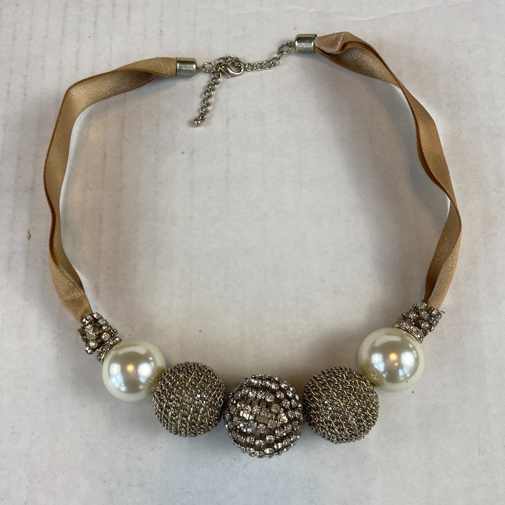 NWOT Gold Silver Pearl Rhinestone Encrusted Bead Grosgrain Ribbon Necklace